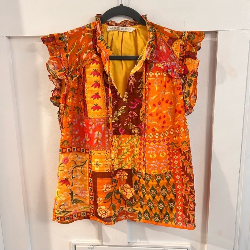 Marie Oliver Colorful Patchwork Blouse flutter sleeves XS